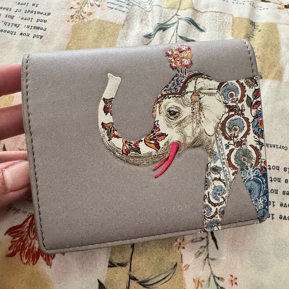 Tory Burch Gray Wallet with Colorful Elephant Design